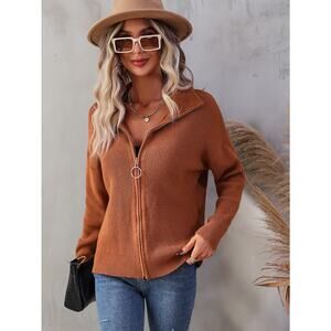 Graceful Rib-Knit Zip Up Collared Cardigan